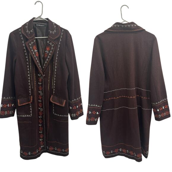 Michelle Nicole Vintage Brown Wool Embroidered Floral Car Coat Boho Retro Twee - Picture 1 of 14